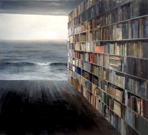 library with grey sea