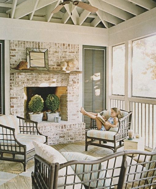 whitewash porch fireplace