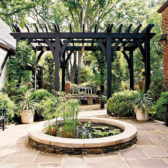 black pergola water garden