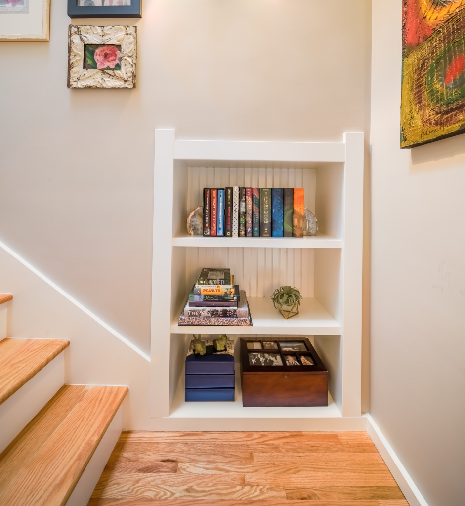 bookshelf on stairs