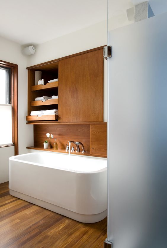 mid century modern bathroom natural wood