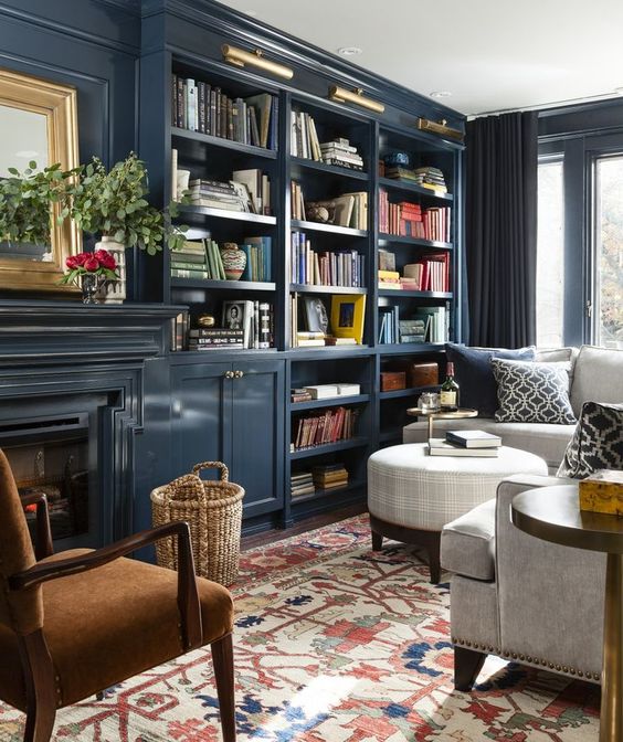 navy blue bookshelves