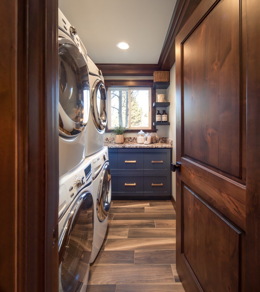 laundry room blue cabinets