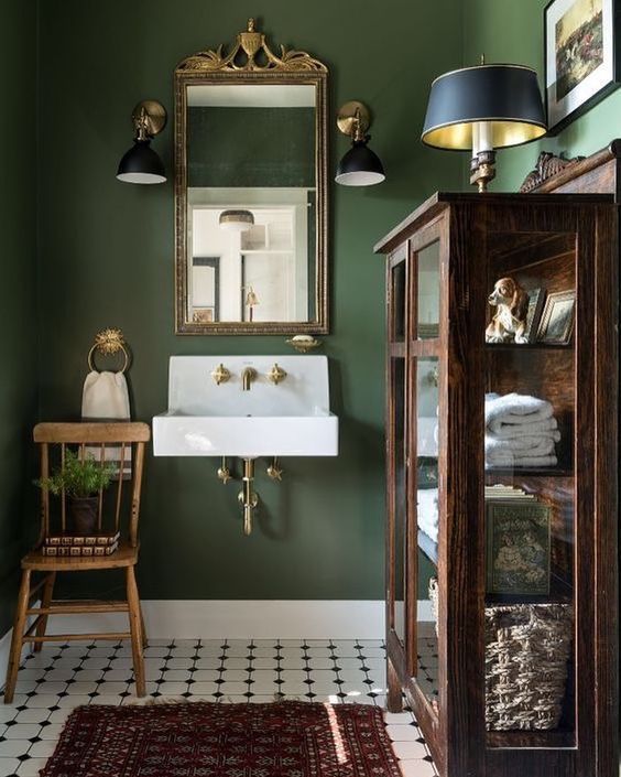dark green powder room