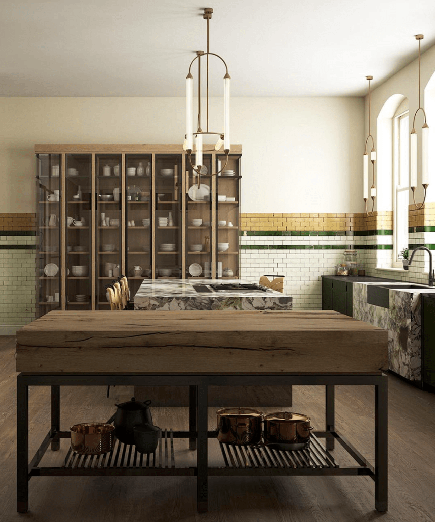 green and gold kitchen