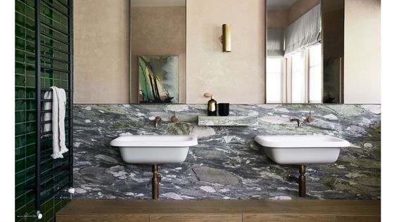 green, black and peach bathroom