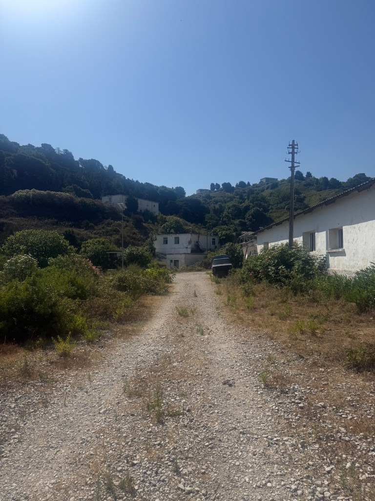 A gravel path leading towards abandoned white buildings with overgrown vegetation and a clear blue sky in the background.